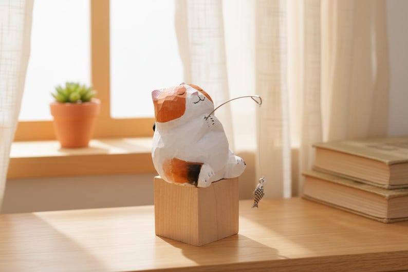 Handmade Wooden Fishing Cat Figurine, Cute Desktop Home Decor