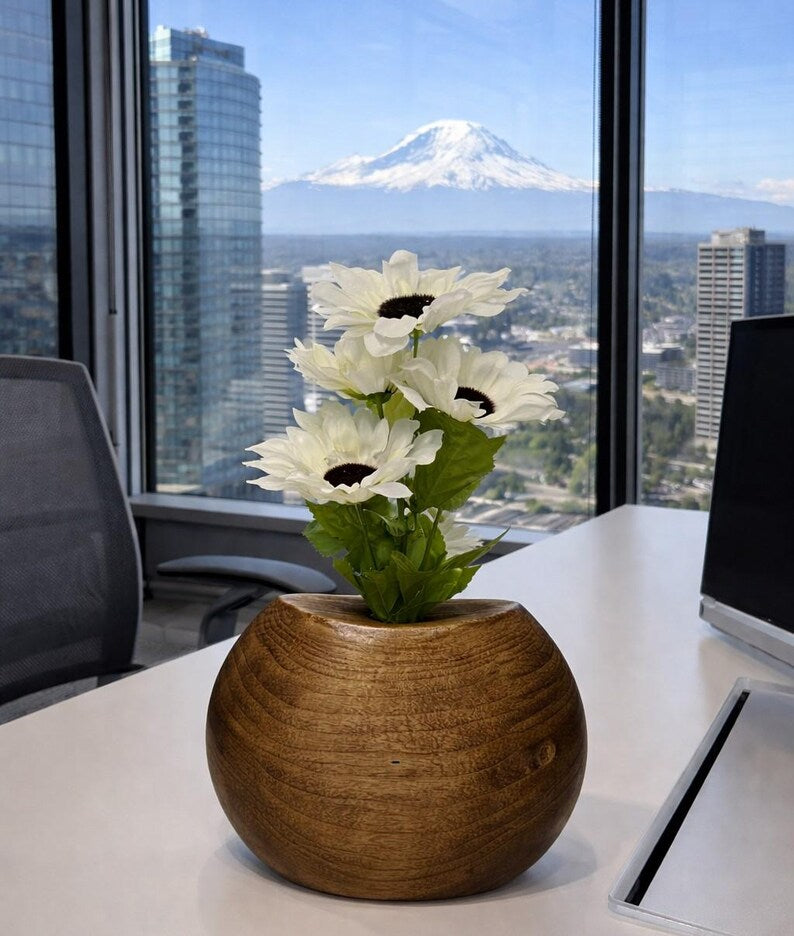 Hand-turned dark maple vase, unique round wooden home decor