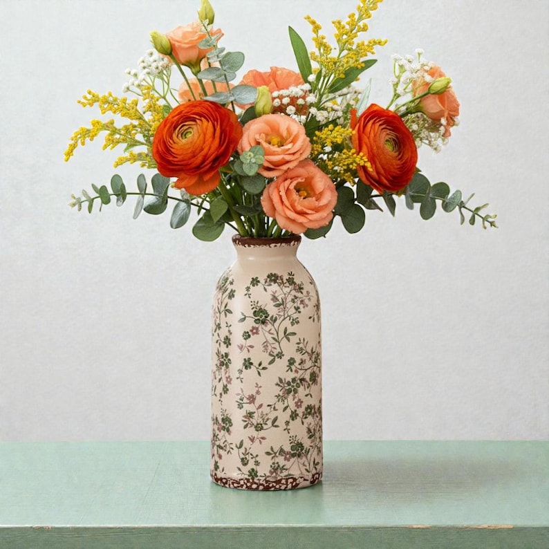 Handmade vintage floral ceramic vase, rustic farmhouse style, suitable for dried flower decoration.