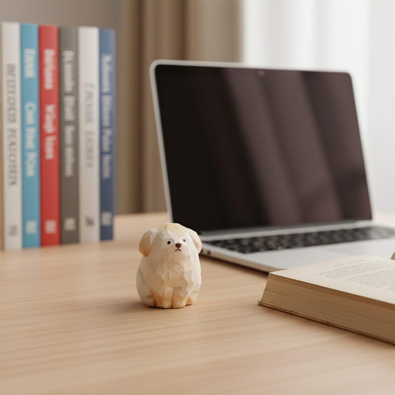 Hand-carved wooden puppy figurine, cute pet desktop decoration