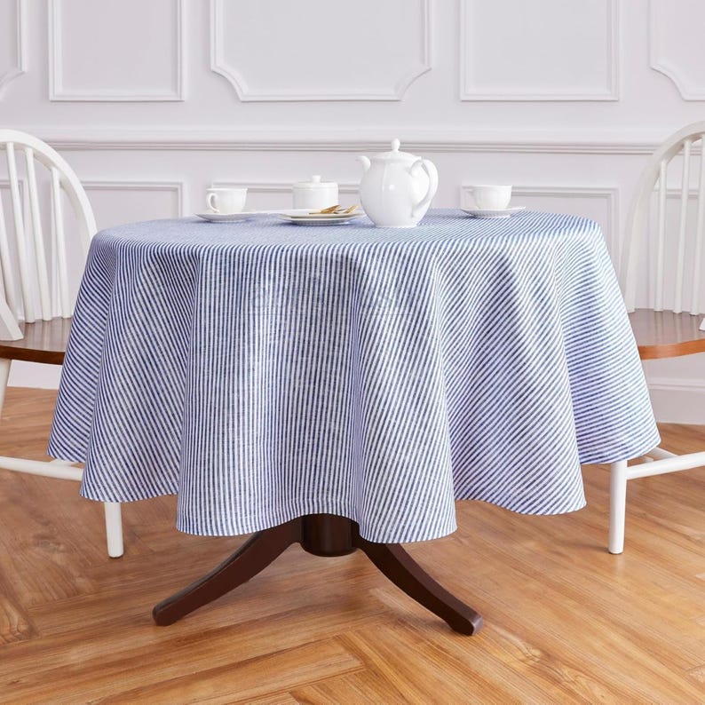 Linen Striped Round Tablecloth, Farmhouse Kitchen Indoor Dining Table Decoration