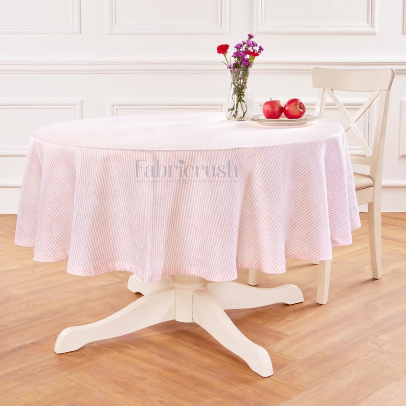 Linen Striped Round Tablecloth, Farmhouse Kitchen Indoor Dining Table Decoration