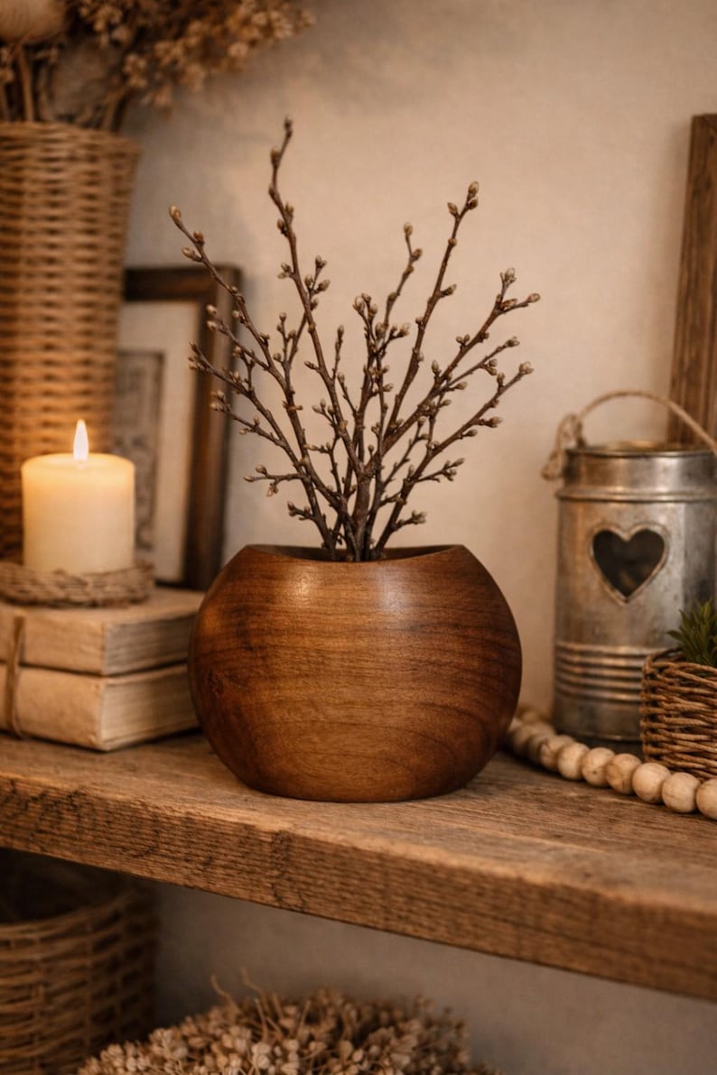 Hand-turned dark maple vase, unique round wooden home decor