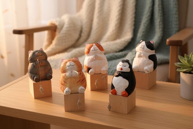 Handmade Wooden Fishing Cat Figurine, Cute Desktop Home Decor
