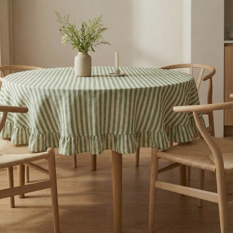 Striped round linen tablecloth with ruffles
