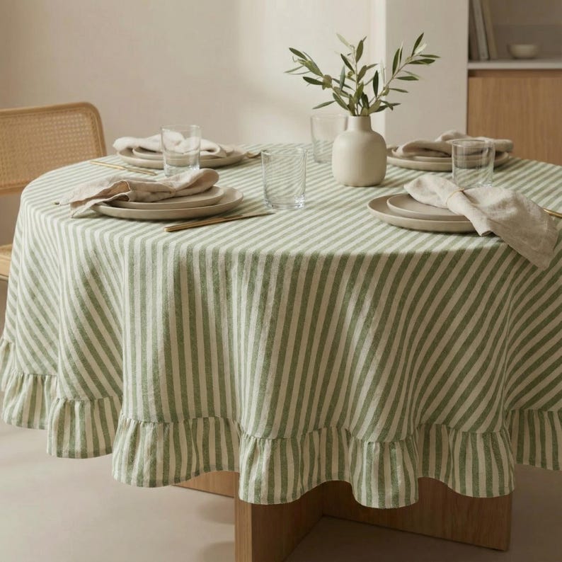 Striped round linen tablecloth with ruffles