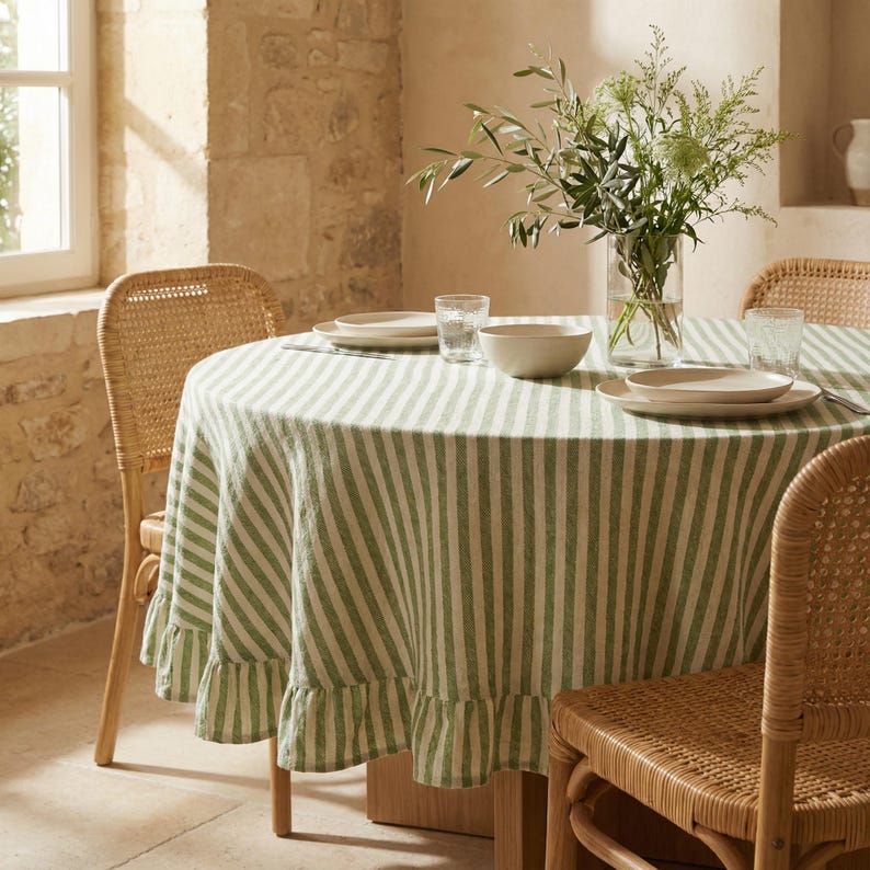 Striped round linen tablecloth with ruffles
