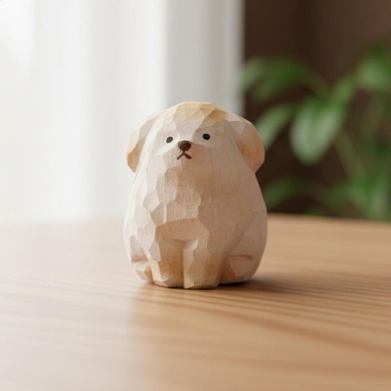 Hand-carved wooden puppy figurine, cute pet desktop decoration