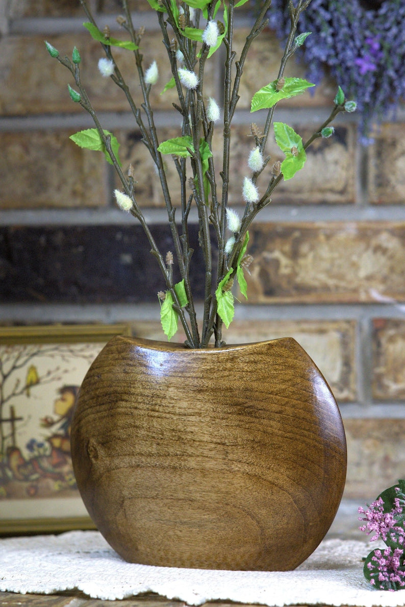 Hand-turned dark maple vase, unique round wooden home decor