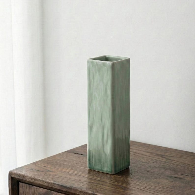 Tall Rectangular Green Ceramic Vase, Simple Porcelain Flower Stand