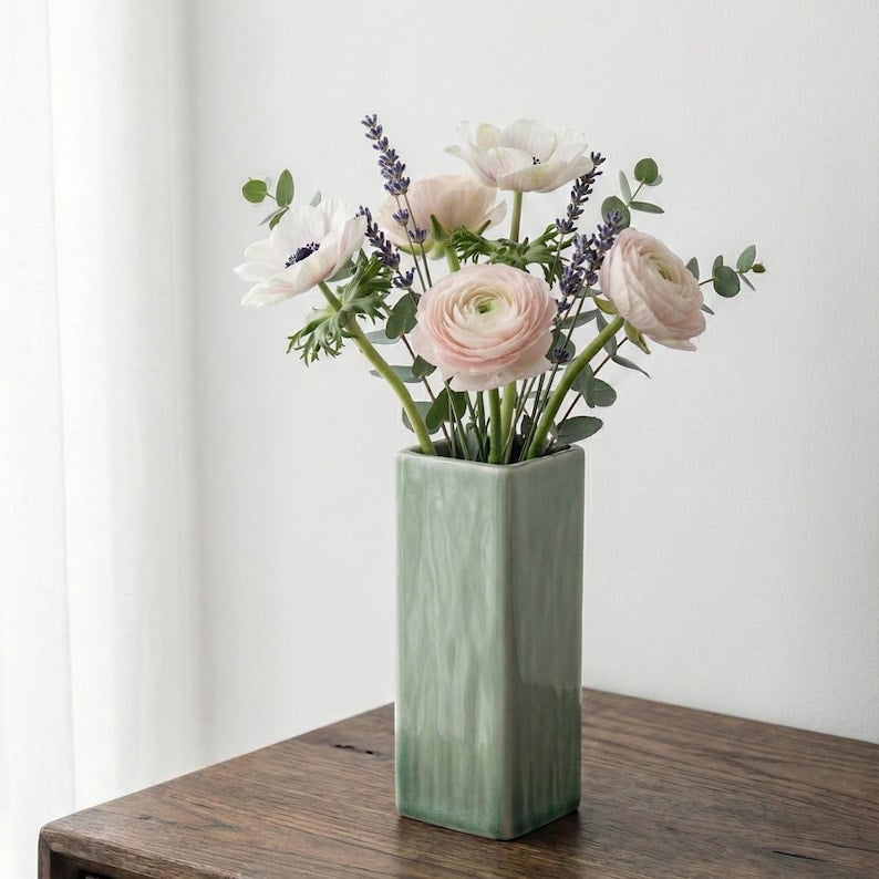 Tall Rectangular Green Ceramic Vase, Simple Porcelain Flower Stand