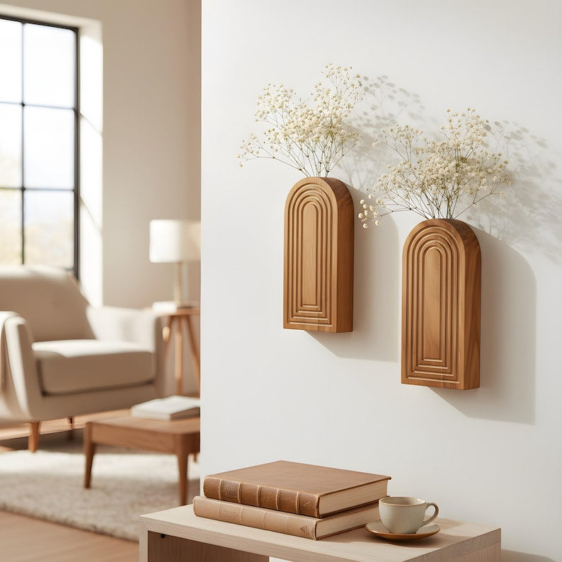 Wooden Arched Wall-Mounted Vase Set, Minimalist Bohemian Home Wall Decoration