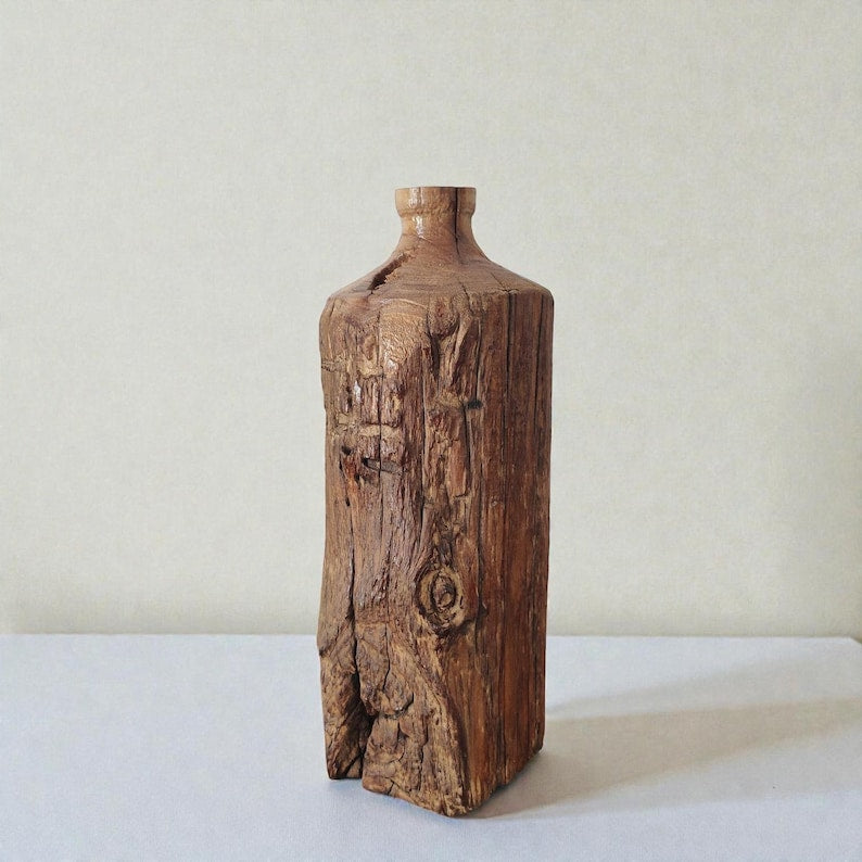 Handmade rustic wooden vase, wabi-sabi style, suitable for solid wood shelf decoration.
