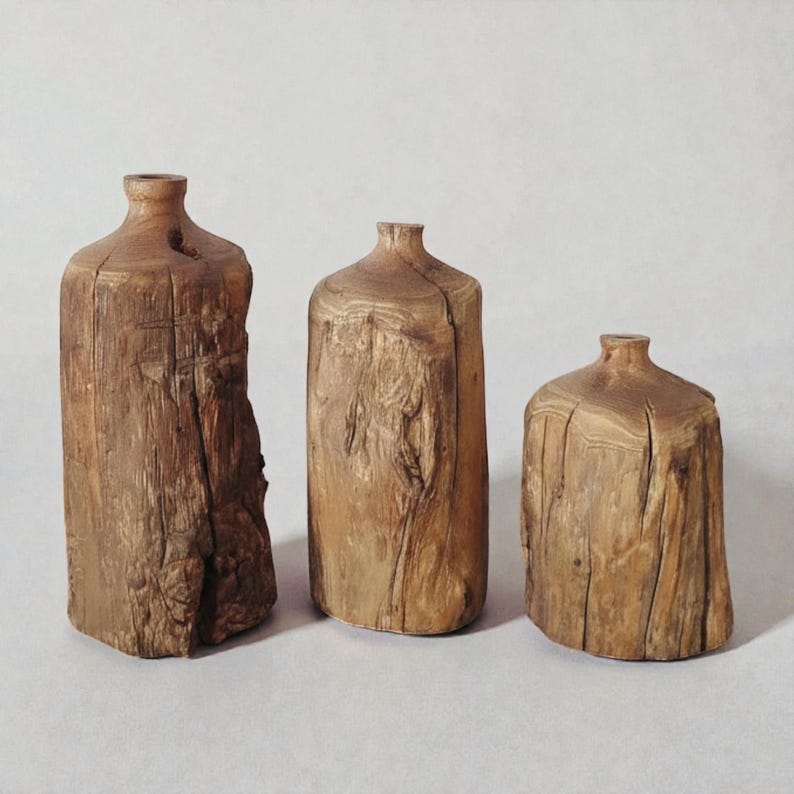 Handmade rustic wooden vase, wabi-sabi style, suitable for solid wood shelf decoration.