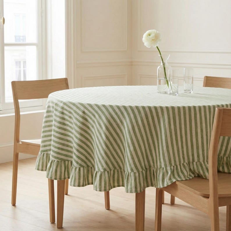 Striped round linen tablecloth with ruffles