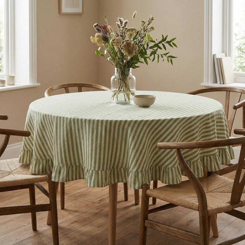 Striped round linen tablecloth with ruffles