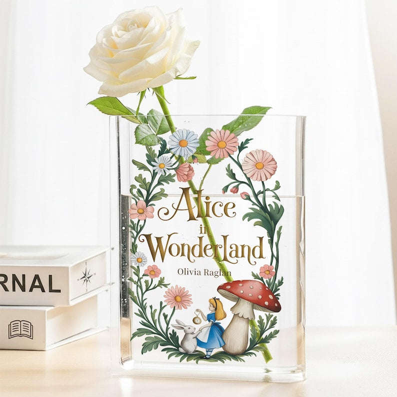 Alice in Wonderland acrylic book vase, fantasy room bookshelf decoration