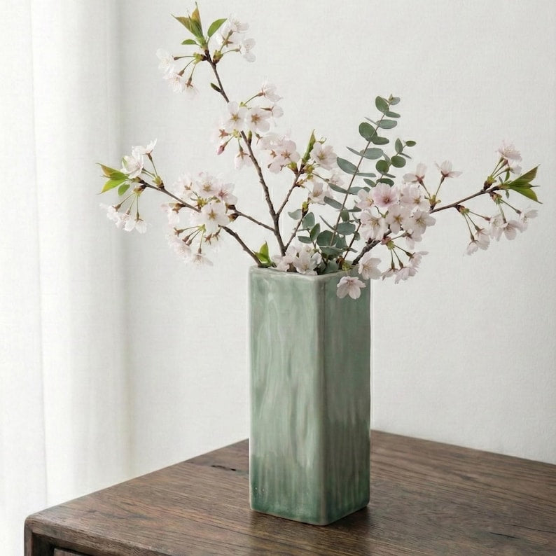 Tall Rectangular Green Ceramic Vase, Simple Porcelain Flower Stand