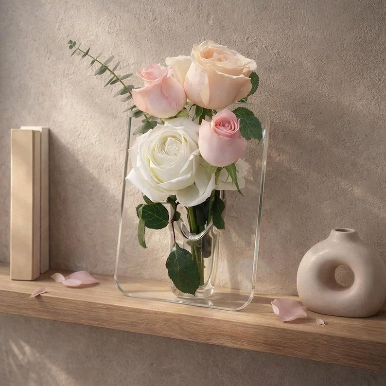 Transparent Acrylic Framed Vase, Modern Flower Display, Desktop Bookshelf Decoration