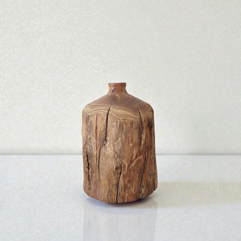Handmade rustic wooden vase, wabi-sabi style, suitable for solid wood shelf decoration.