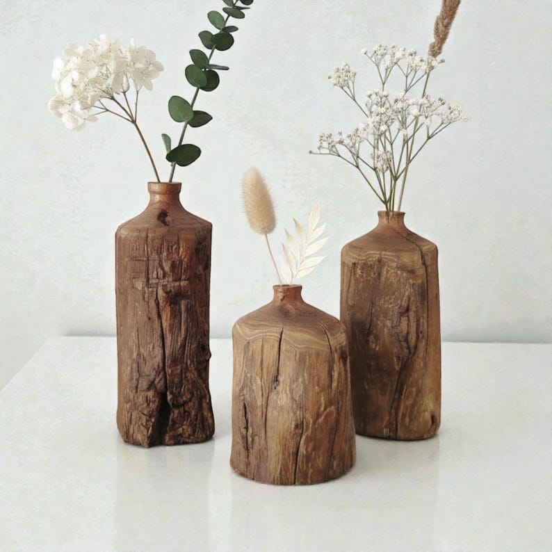 Handmade rustic wooden vase, wabi-sabi style, suitable for solid wood shelf decoration.