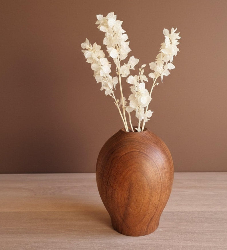 Handmade walnut wood vase, dried flower home decoration