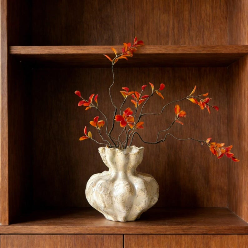 Hand-made ribbed cream ceramic vase, organic style shelf decor