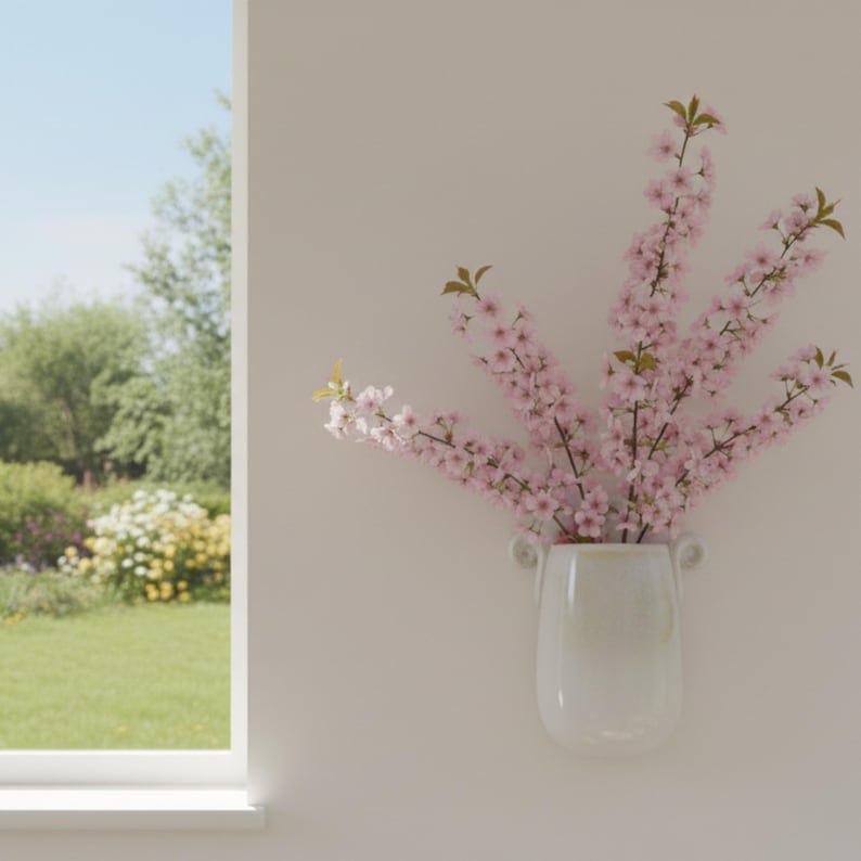 Beige ceramic wall-mounted vase, wall-mountable, home decor item