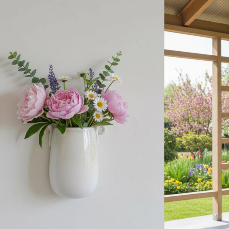 Beige ceramic wall-mounted vase, wall-mountable, home decor item