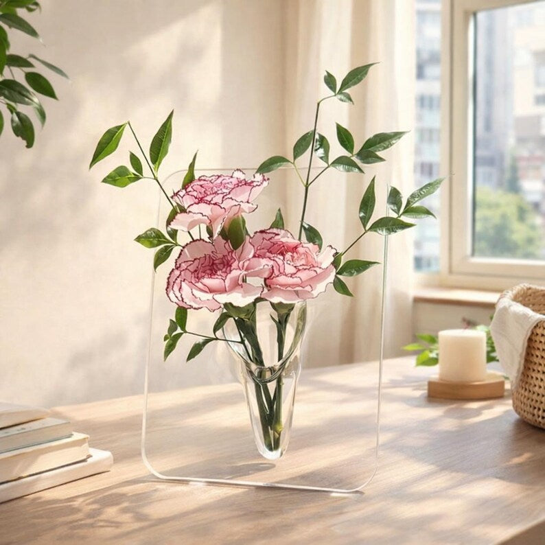 Transparent Acrylic Framed Vase, Modern Flower Display, Desktop Bookshelf Decoration