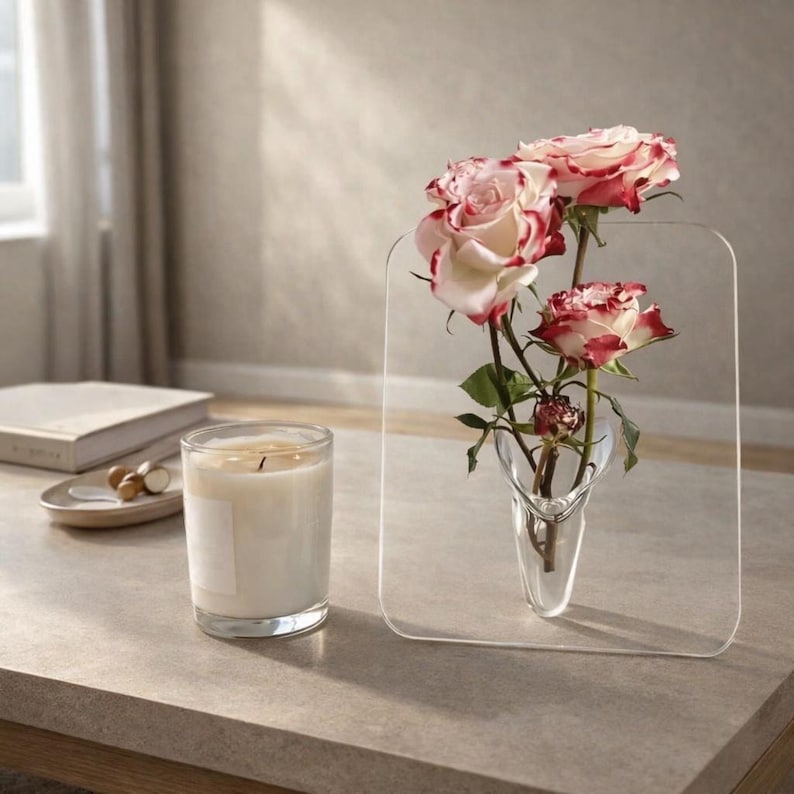 Transparent Acrylic Framed Vase, Modern Flower Display, Desktop Bookshelf Decoration