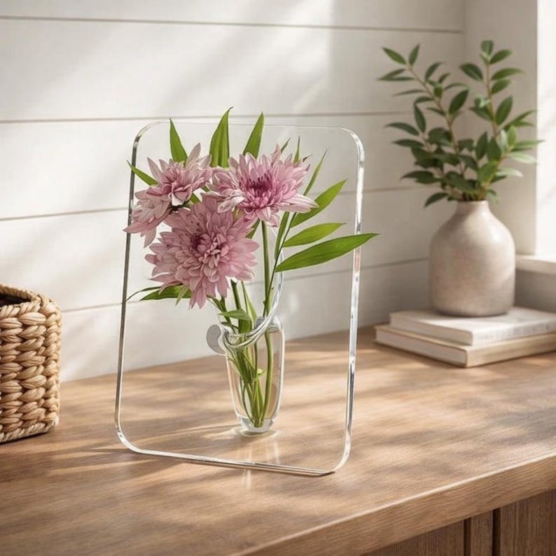 Transparent Acrylic Framed Vase, Modern Flower Display, Desktop Bookshelf Decoration