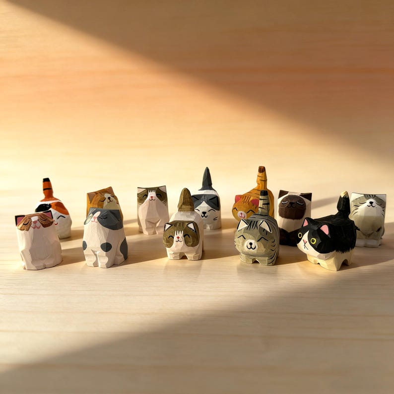 Handmade Wooden Cat Ornament, Hand-Carved Minimalist Animal Decoration