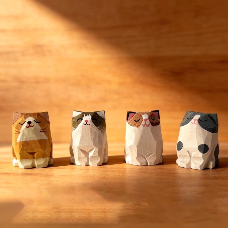 Handmade Wooden Cat Ornament, Hand-Carved Minimalist Animal Decoration
