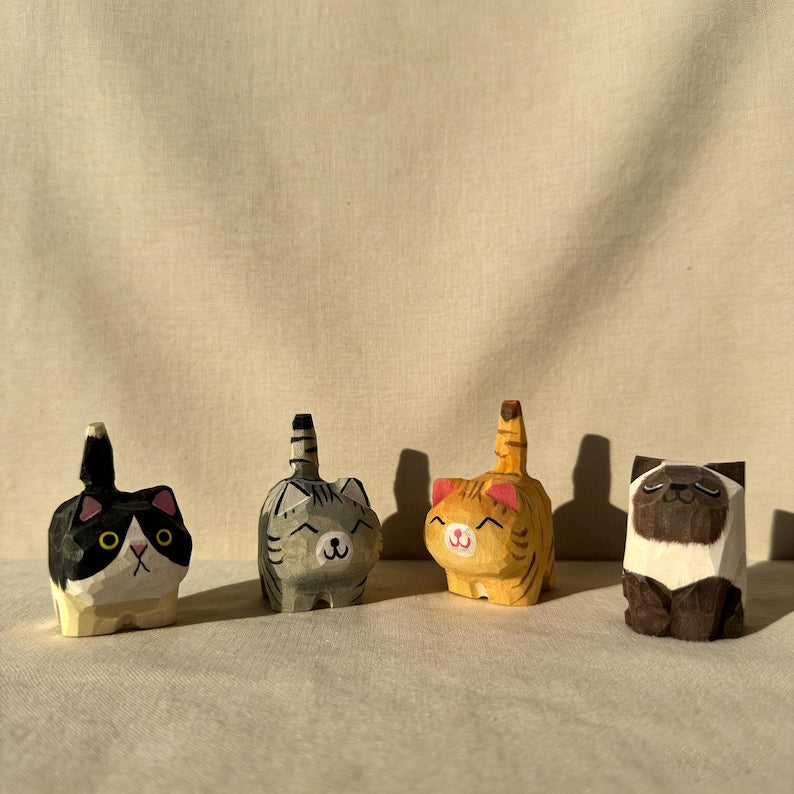 Handmade Wooden Cat Ornament, Hand-Carved Minimalist Animal Decoration