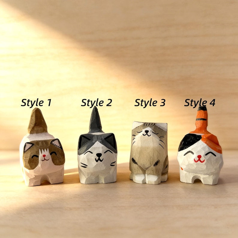 Handmade Wooden Cat Ornament, Hand-Carved Minimalist Animal Decoration