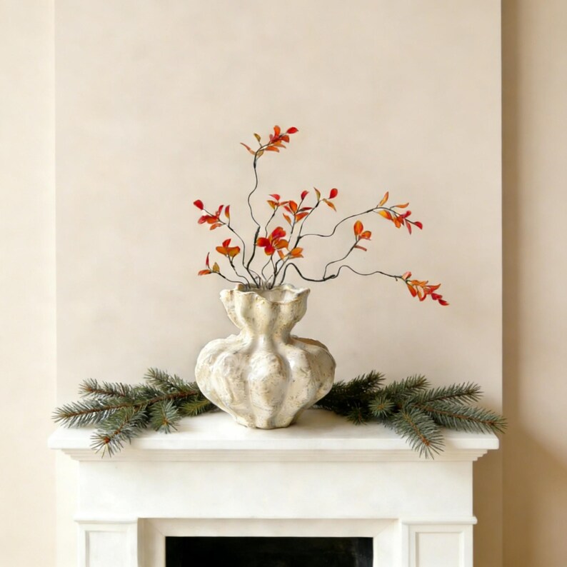 Hand-made ribbed cream ceramic vase, organic style shelf decor