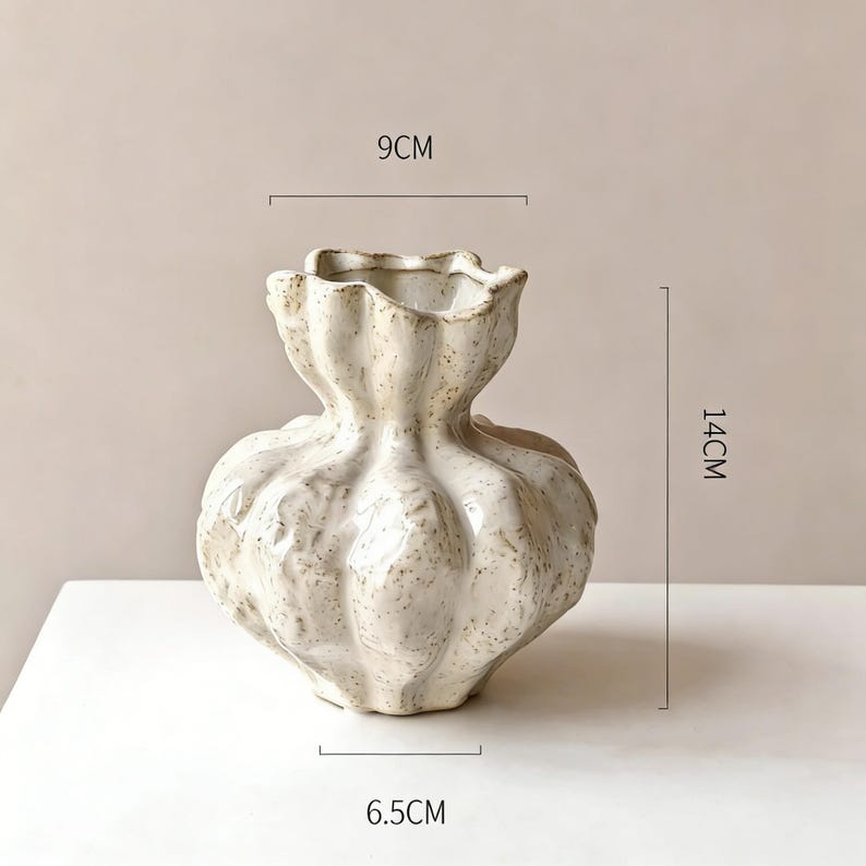 Hand-made ribbed cream ceramic vase, organic style shelf decor