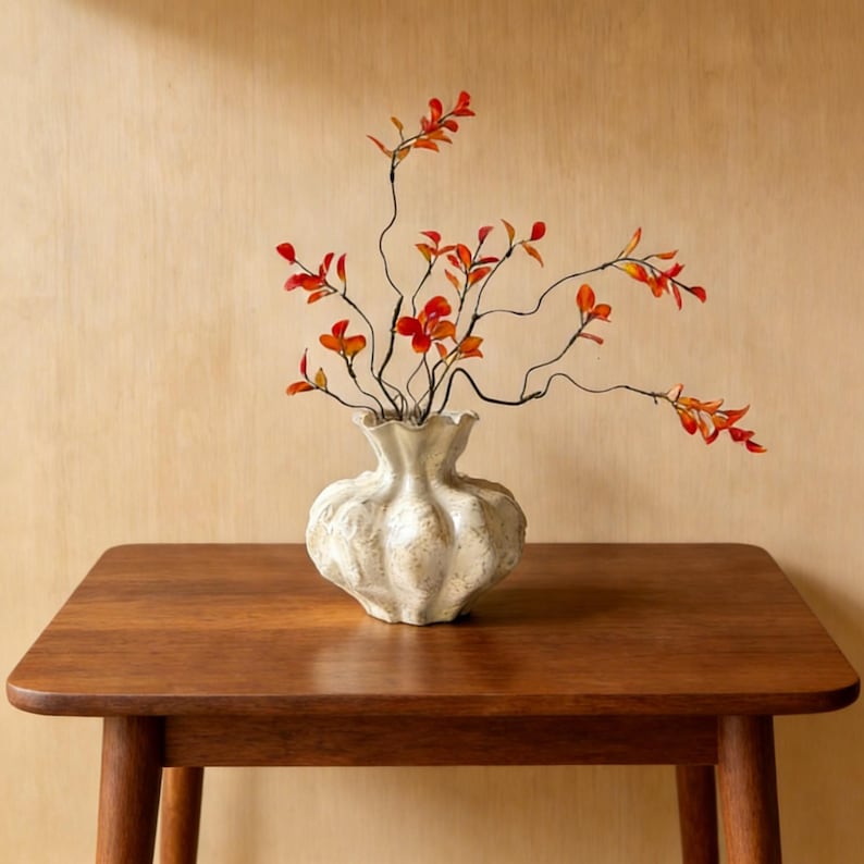Hand-made ribbed cream ceramic vase, organic style shelf decor