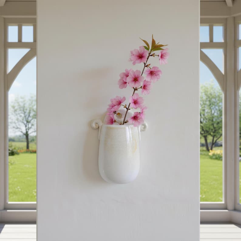 Beige ceramic wall-mounted vase, wall-mountable, home decor item