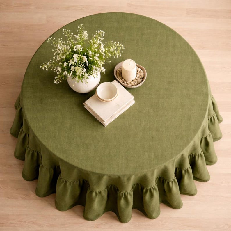 Extra Large Green Pleated Round Linen Tablecloth, Floor Standing, Home Cover