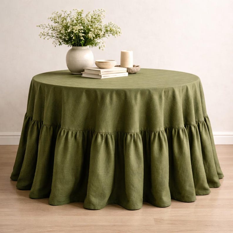 Extra Large Green Pleated Round Linen Tablecloth, Floor Standing, Home Cover