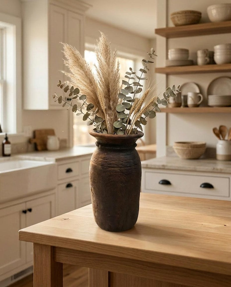 Vintage Acacia Wood Vase, Rustic Handmade Home Decoration Flower Pot