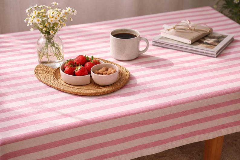 Striped organic linen tablecloth, farmhouse bohemian style dining table decoration