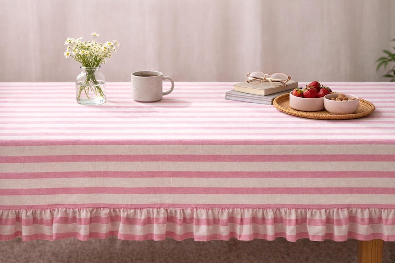 Striped organic linen tablecloth, farmhouse bohemian style dining table decoration