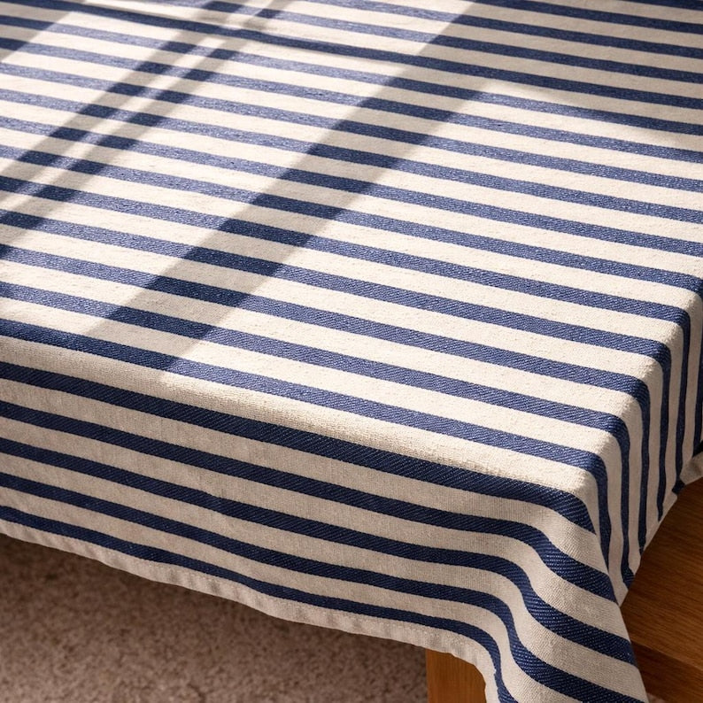 Striped organic linen tablecloth, farmhouse bohemian style dining table decoration