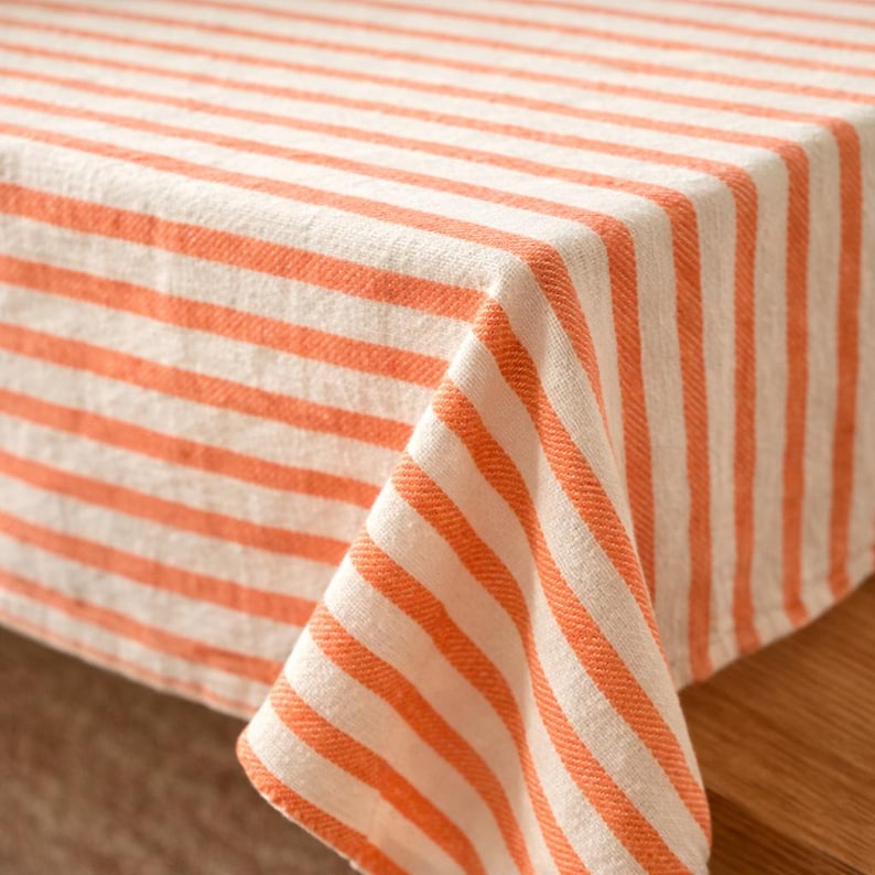 Striped organic linen tablecloth, farmhouse bohemian style dining table decoration