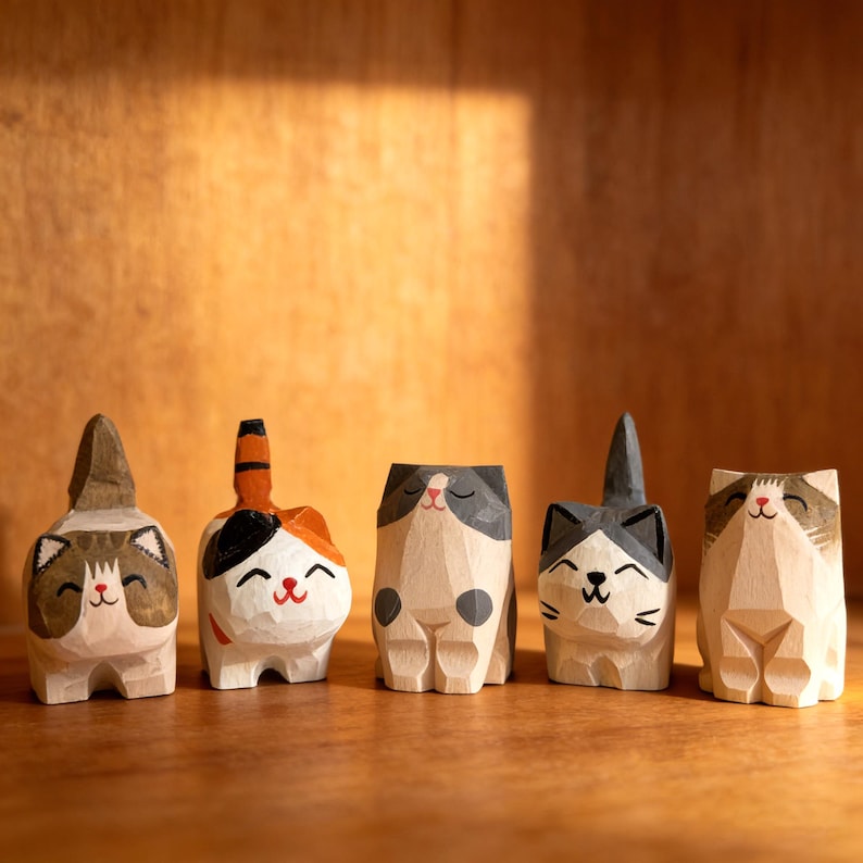Handmade Wooden Cat Ornament, Hand-Carved Minimalist Animal Decoration