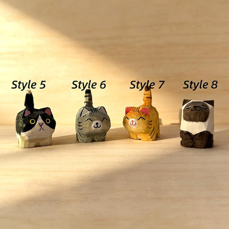 Handmade Wooden Cat Ornament, Hand-Carved Minimalist Animal Decoration