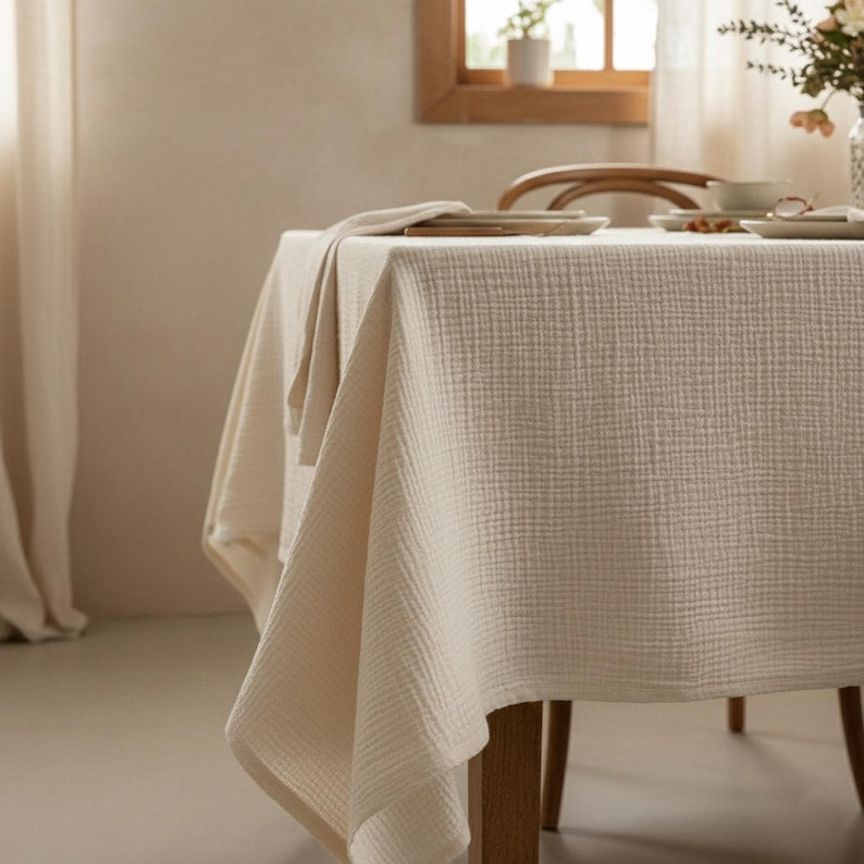 Double-Layer Pleated Cotton Tablecloth, Bohemian Style Kitchen and Dining Room Decoration